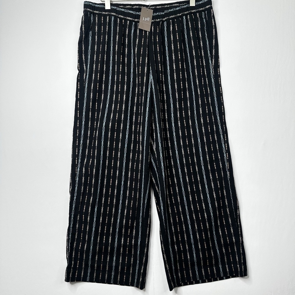 NWT J. Jill Women's Medium 100% Cotton Striped Wide Leg Crop Pants Black Boho
